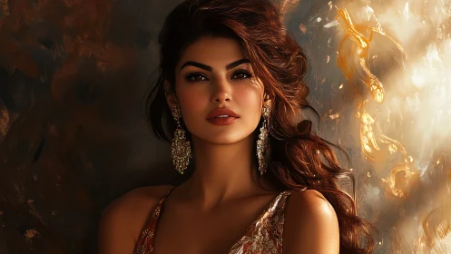 Radiant woman in gold set against glowing dreamy backdrop.