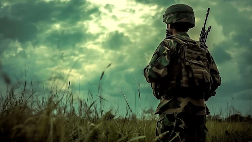 Soldier stands in grassy field under dense overcast sky