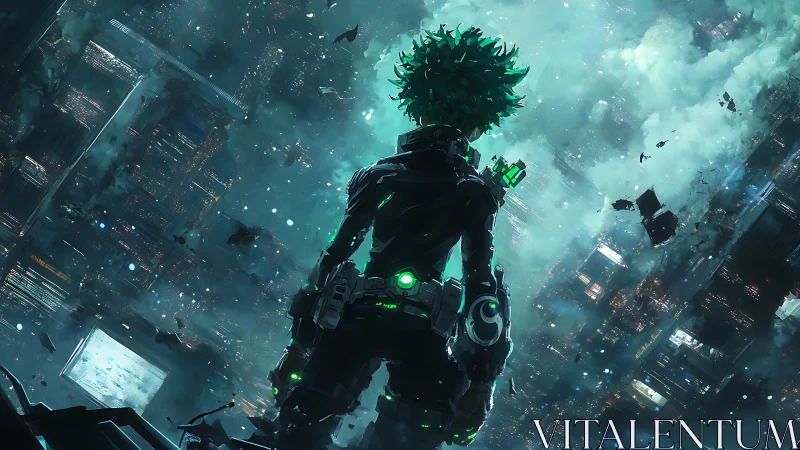 Green-haired cyber hero surveys tilted neon cityscape at night