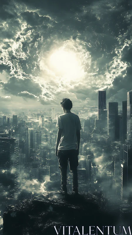 Lone figure overlooks storm-lit futuristic megacity skyline.