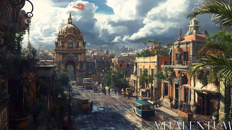 Urban street with domed tower and wet cobblestone roadway.