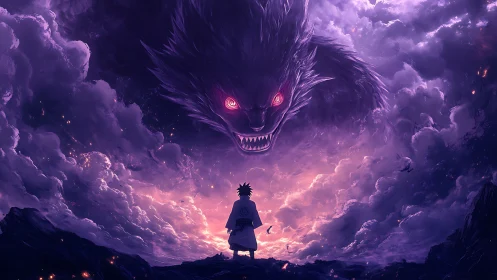 Epic anime confrontation amid storm-forged celestial beast clouds.