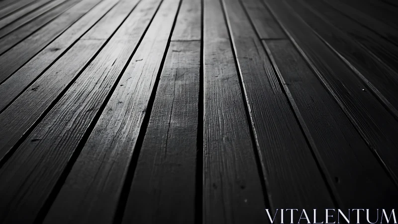 Low-key linear study of dark wooden floor planks in perspective.