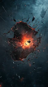 Fiery space impact shattering cracked cosmic surface.