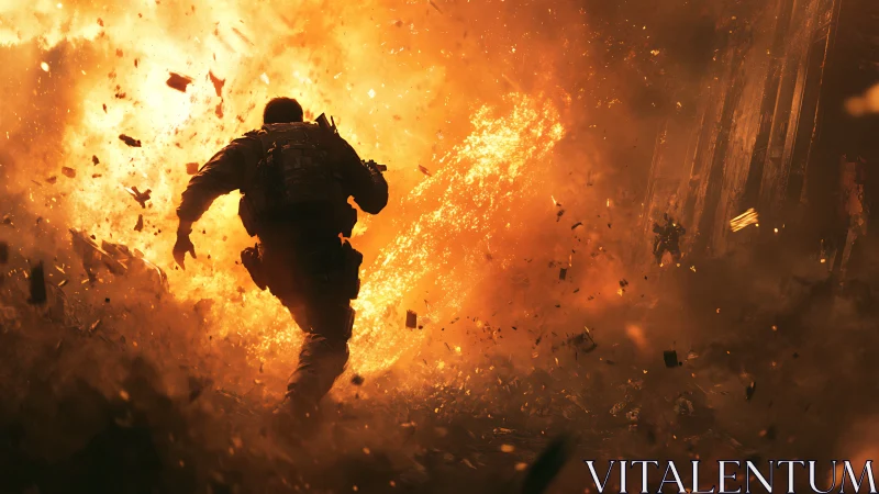 Soldier Running Through Massive Explosion.