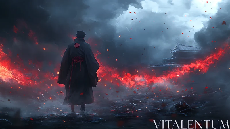 Lone warrior strides through swirling fire and storm clouds.