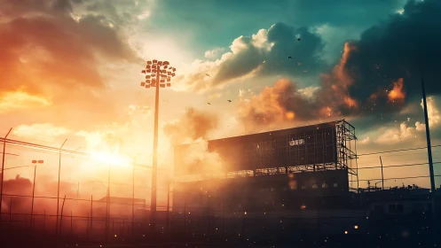 Sunlit urban stadium silhouette under dramatic sunset sky.