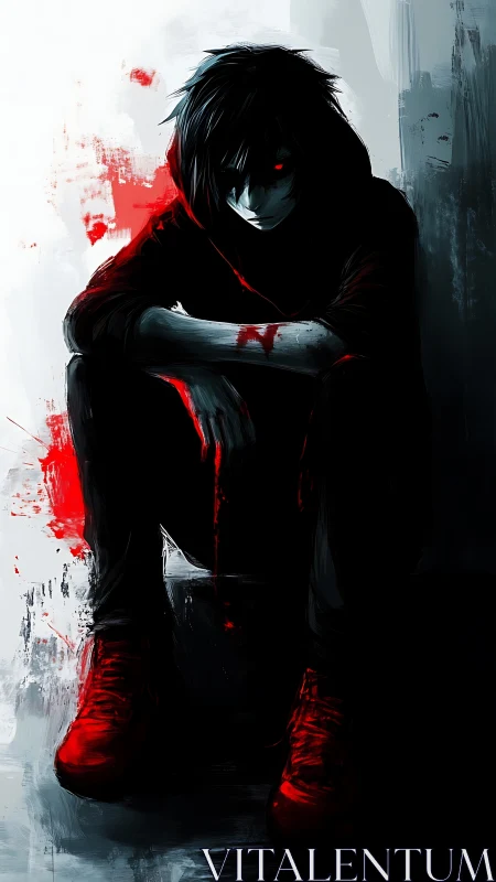 High-contrast digital portrait shows hooded figure with red accents