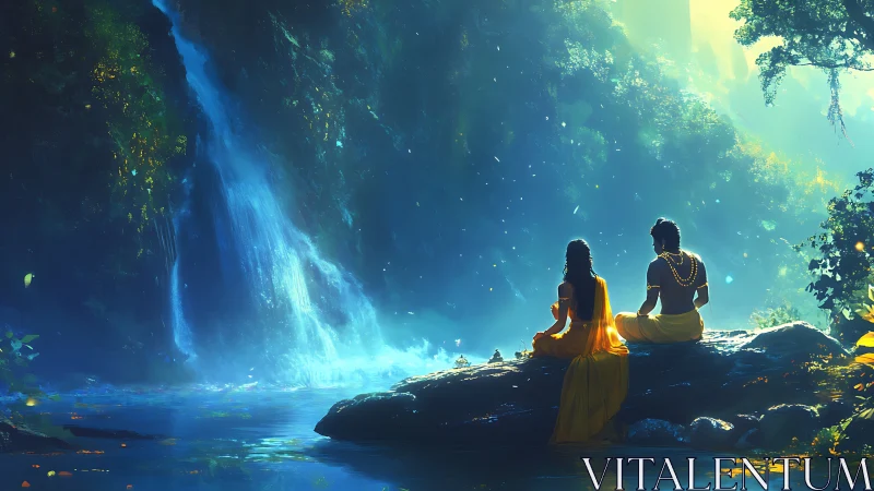 Mystic waterfall sanctuary with meditating robed figures