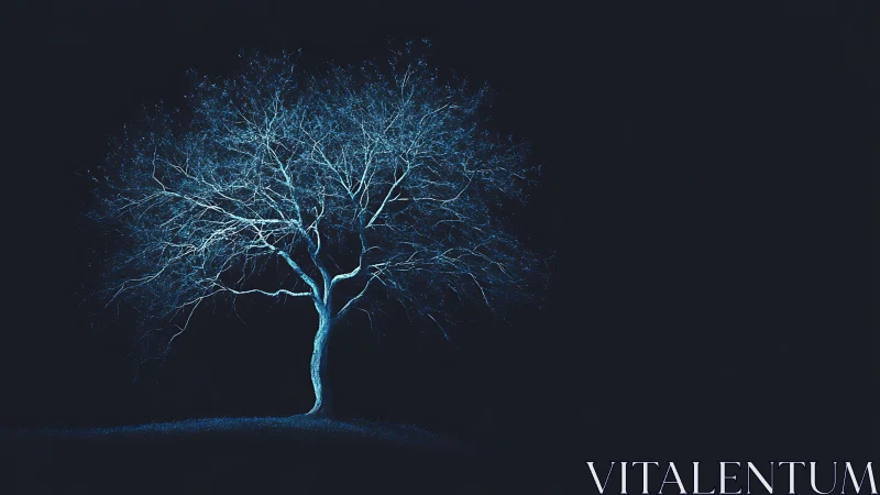 Solitary leafless tree is illuminated against dark background