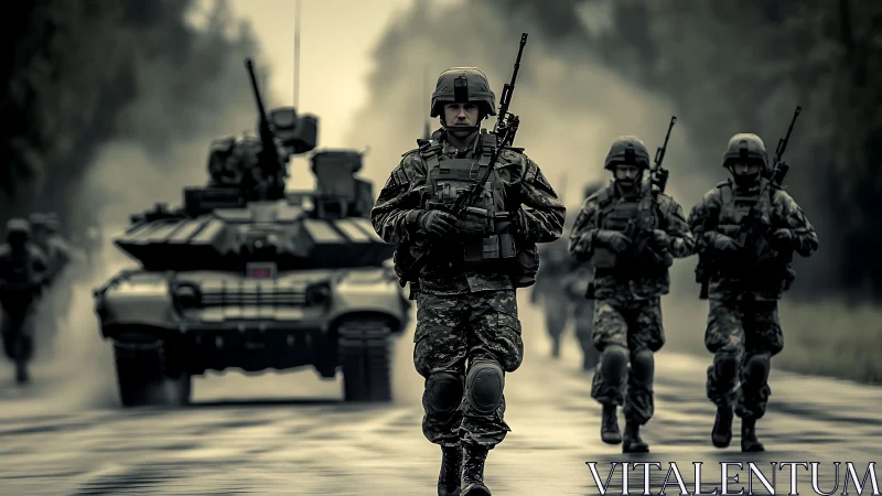 Armored infantry column advancing with mechanized support under haze.