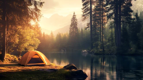 Soft sunrise camp beside quiet forest lake, ready to unwind.