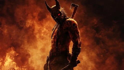 Horned humanoid figure stands amid dense orange fire haze