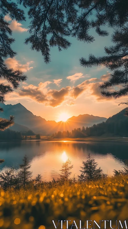Golden hour alpine lake landscape with symmetrical sun reflection