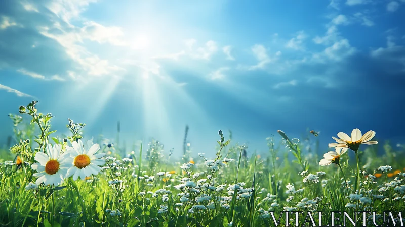 Backlit daisies in sunlit meadow under dramatic cumulus sky