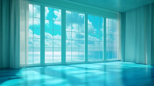 Minimalist seafront interior with panoramic glazing composition.