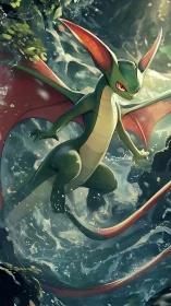 Winged green dragon diving through turbulent forest river