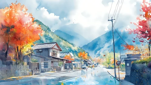 Quiet mountain street after rain, autumn watercolor hush.