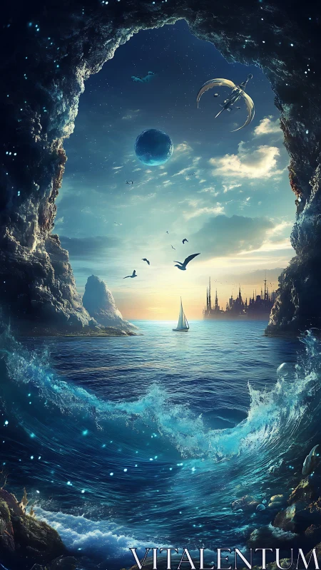 Portal Sea Sunrise and Orbital Moons over Dreamspire City.