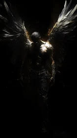 Dark winged male figure illuminated by narrow golden rim light