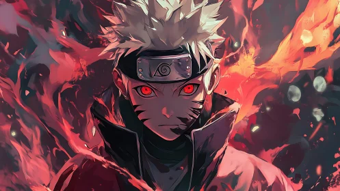 Anime ninja portrait with glowing red eyes and flames.