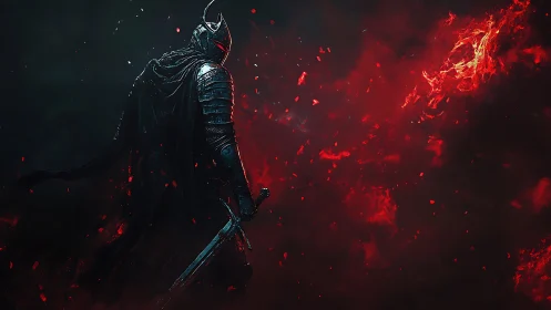 Dark armored knight walks through swirling red embers