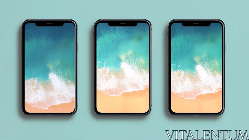 Three black smartphones align over teal studio background.