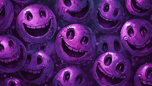 Clustered purple smiley faces with distressed surfaces.