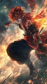 Fiery anime warrior lunges through explosive sky inferno.