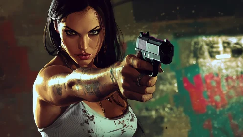 Defiant woman aims pistol in gritty neon-lit urban alley