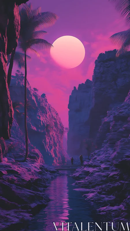 Neon canyon moonrise turns hikers into tiny wandering comets