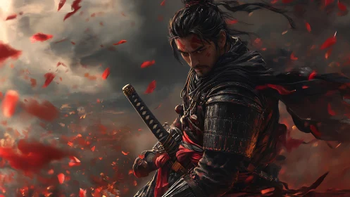 Armored samurai grips katana amid storm of red petals