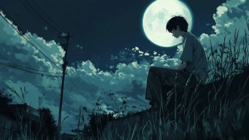 Solitary figure on rural embankment under large full moon.