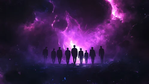 Starlit explorers walk together into a glowing cosmic rift