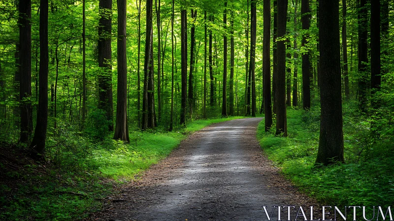 Serene Forest Path with Lush Green Trees in Natural Daylight.