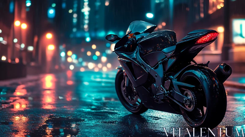 Supersport motorcycle on neon drenched nocturnal wet street.