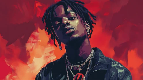 Stylized rap portrait under blazing abstract red backdrop.