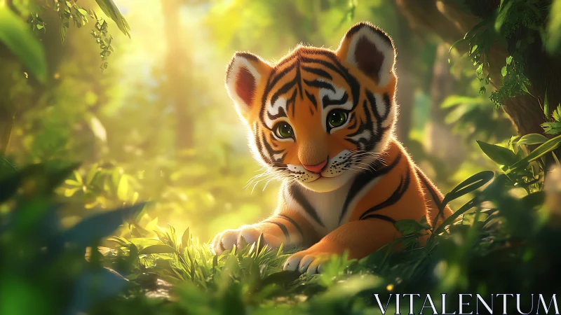 Digital tiger cub in soft forest light, frontal view profile.