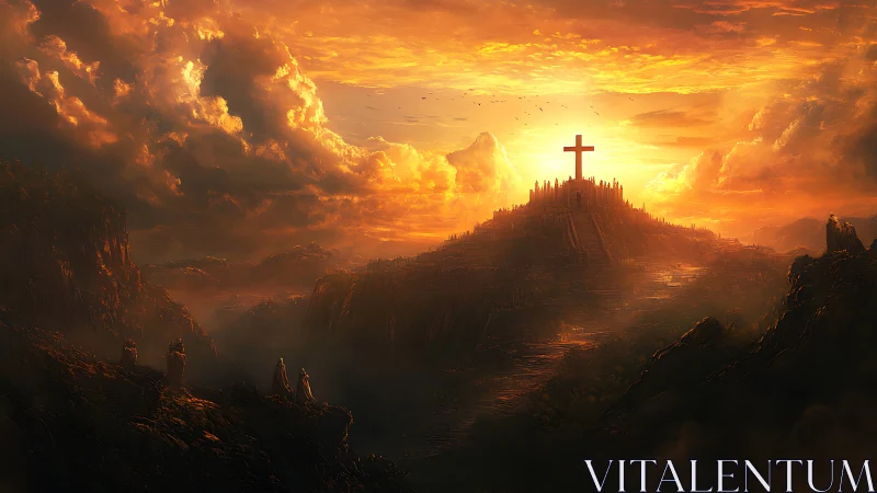 Sunset crowns a distant cross above a glowing pilgrim road