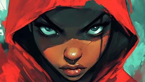 Hooded figure stares forward with cold turquoise eyes