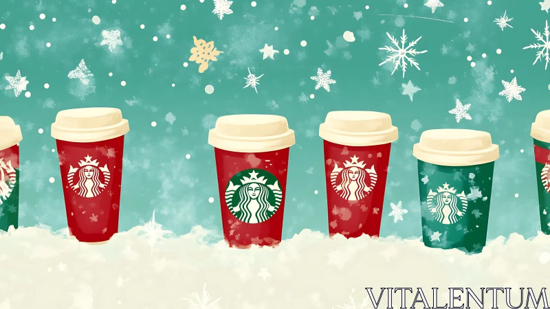 Holiday coffee cups aligned in snowy winter fantasy.