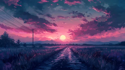 Neon sunset road cuts through violet fields toward horizon