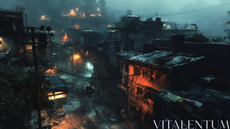 Rain-soaked hillside slum is lit by scattered neon signage