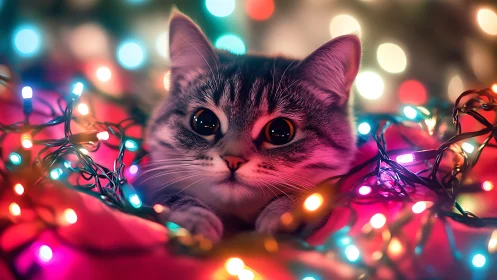 Glowing Cat Surrounded by Colorful Christmas Lights.