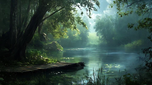 Tranquil Forest River: Ancient Trees Frame Emerald Waters.