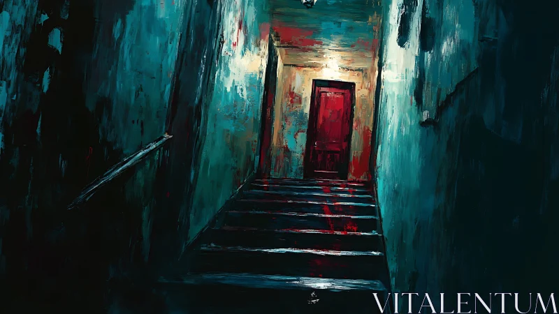 Dark stairwell with red door and smeared floor stains.