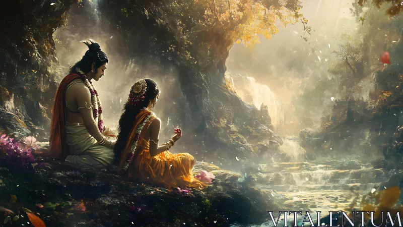 Divine couple rest beside a misty, sunlit forest waterfall.