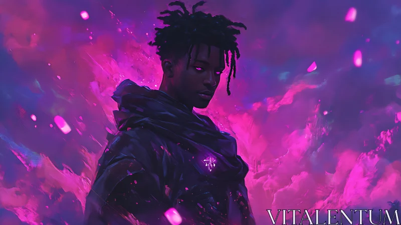 Neon-lit cyber mage in violet and magenta energy storm.