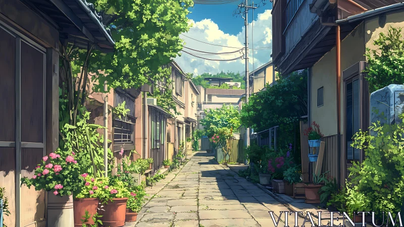 Sunlit residential alleyway with dense container vegetation.