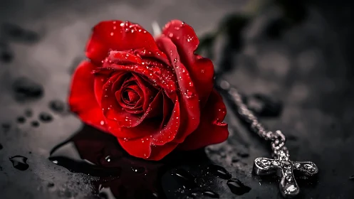 Red rose with water droplets beside metallic cross chain.